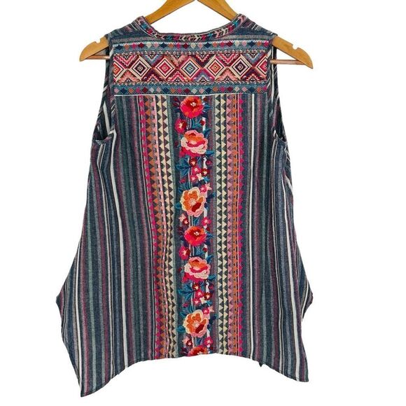 Savanna Jane denim look blue and pink striped embroidered top size small - Picture 2 of 8